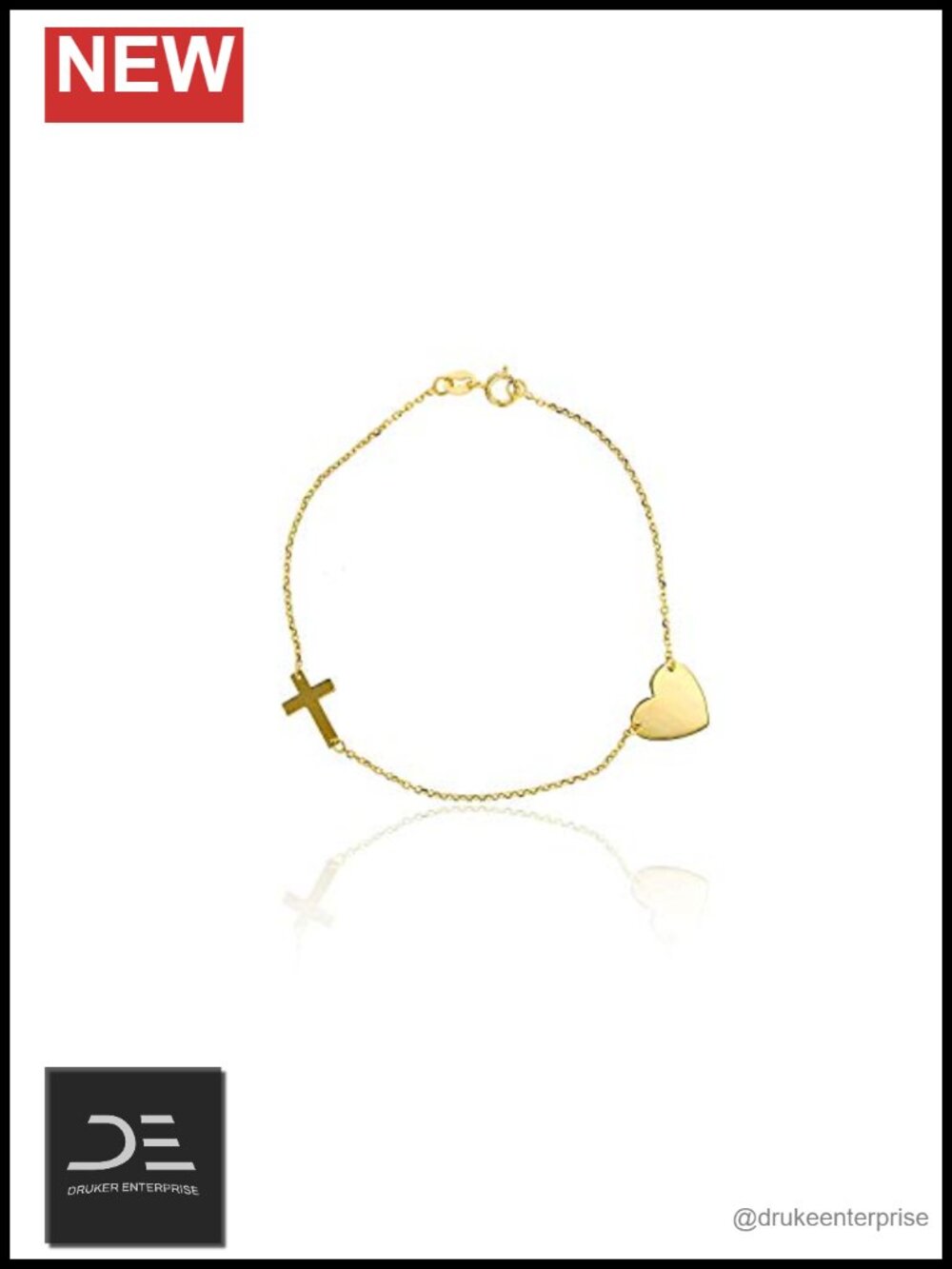10K Yellow Gold Diamond Cut Heart & Cross Charm Bracelet 7